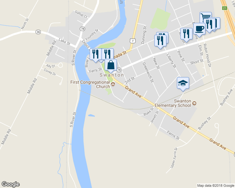 map of restaurants, bars, coffee shops, grocery stores, and more near 21 Church Street in Swanton