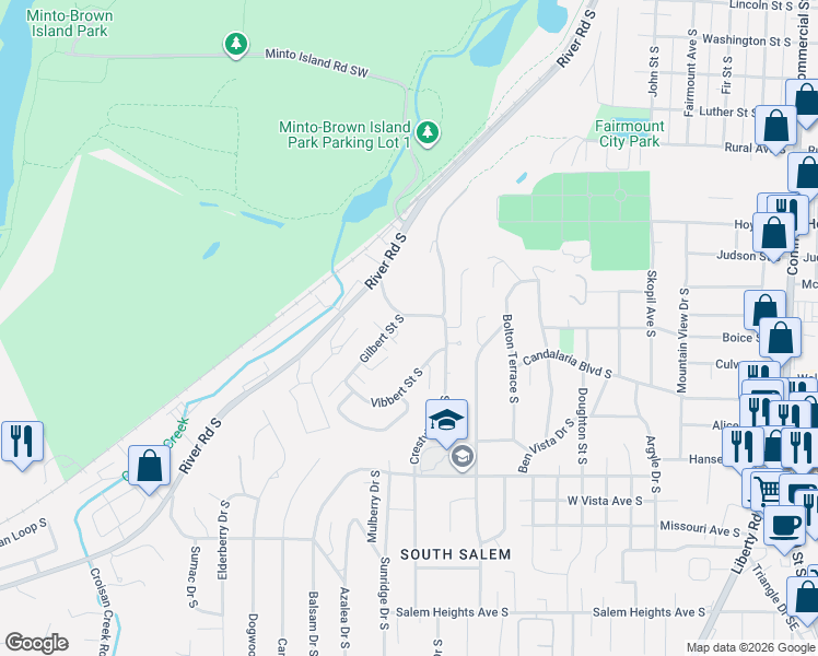 map of restaurants, bars, coffee shops, grocery stores, and more near 2626 Gilbert Street South in Salem