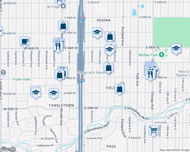 map of restaurants, bars, coffee shops, grocery stores, and more near 221 East 48th Street in Minneapolis