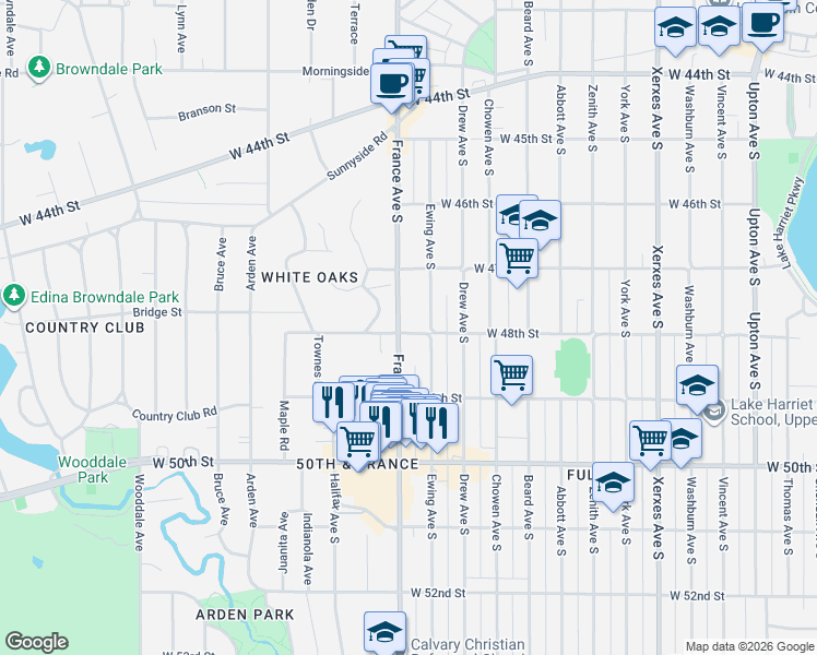 map of restaurants, bars, coffee shops, grocery stores, and more near in Edina