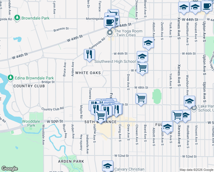 map of restaurants, bars, coffee shops, grocery stores, and more near 3905 West 48th Street in Minneapolis