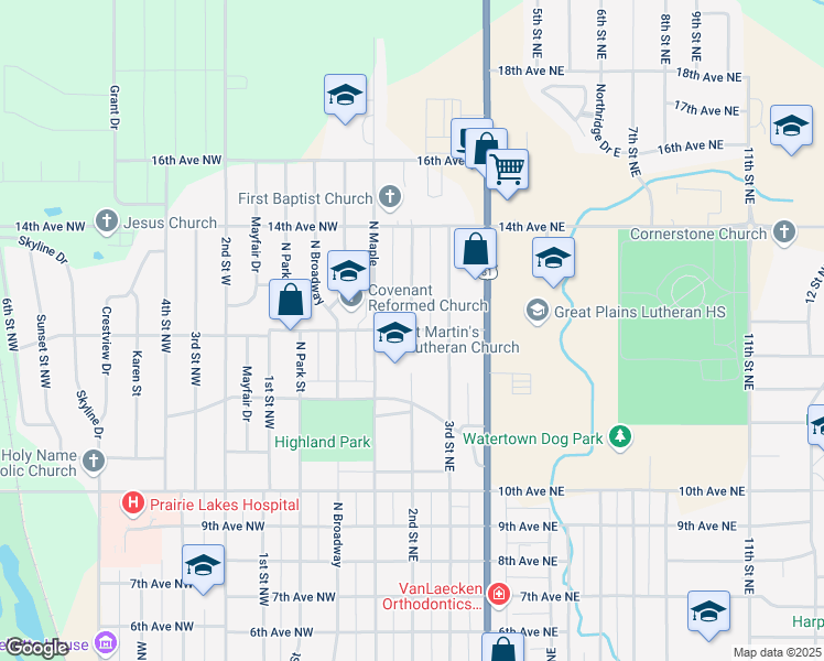 map of restaurants, bars, coffee shops, grocery stores, and more near 1199 2nd Street Northeast in Watertown