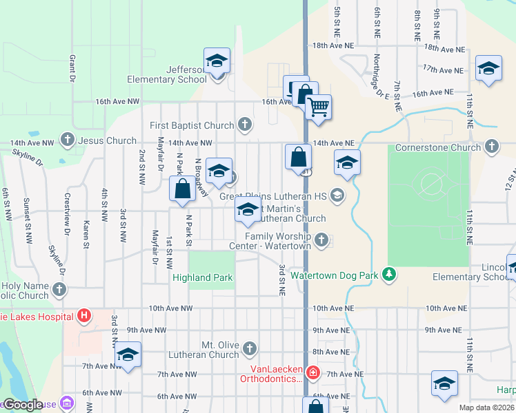 map of restaurants, bars, coffee shops, grocery stores, and more near 1201 2nd Street Northeast in Watertown