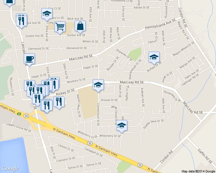 map of restaurants, bars, coffee shops, grocery stores, and more near 1112 Cockspur Court Southeast in Salem