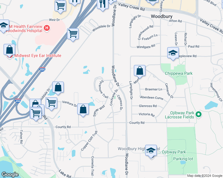 map of restaurants, bars, coffee shops, grocery stores, and more near 2224 Cypress Drive in Woodbury