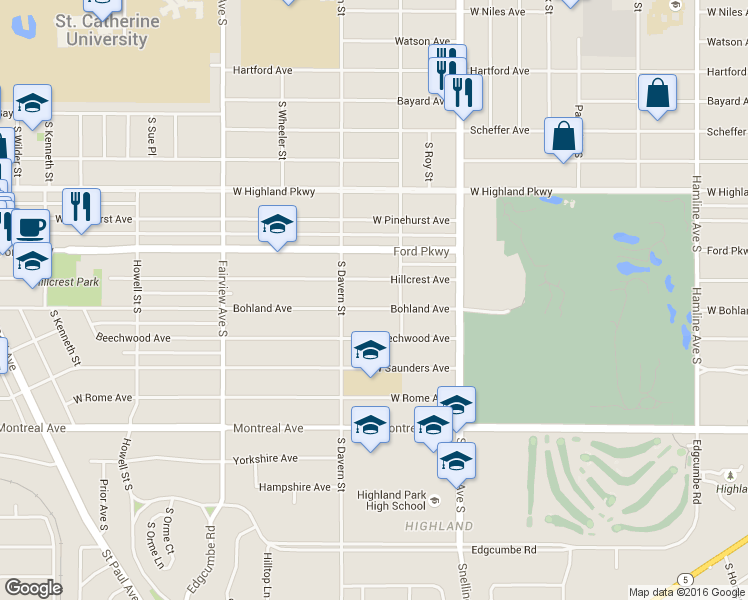 map of restaurants, bars, coffee shops, grocery stores, and more near 1672 Bohland Avenue in Saint Paul