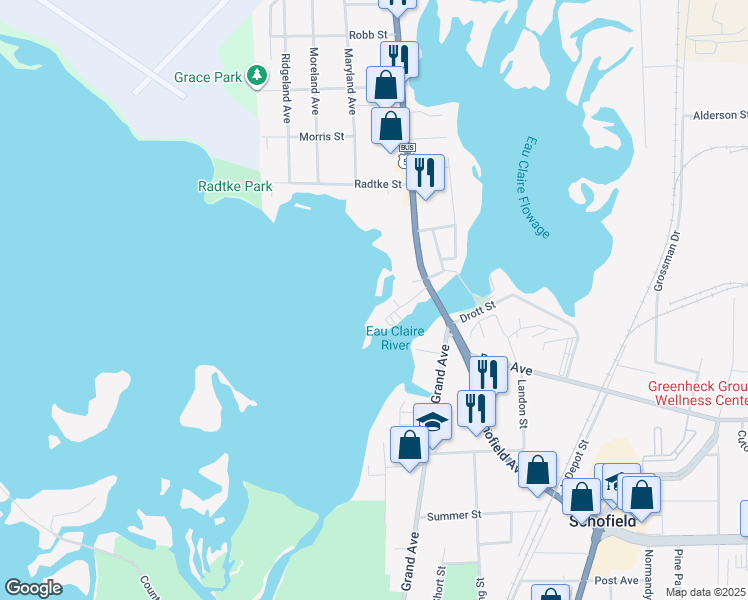 map of restaurants, bars, coffee shops, grocery stores, and more near 1100 Grand Avenue in Schofield