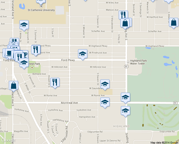 map of restaurants, bars, coffee shops, grocery stores, and more near 1740 Bohland Avenue in Saint Paul