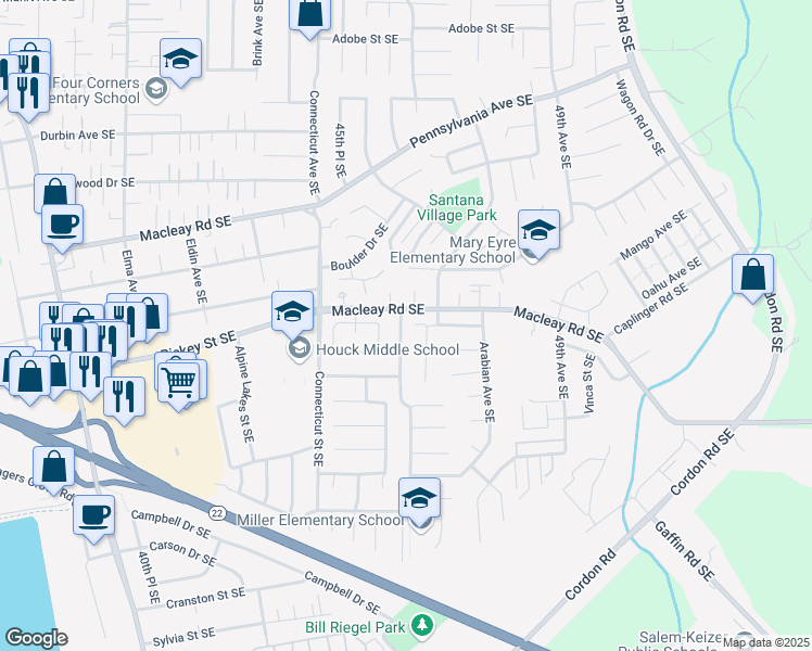 map of restaurants, bars, coffee shops, grocery stores, and more near 1144 46th Place Southeast in Salem