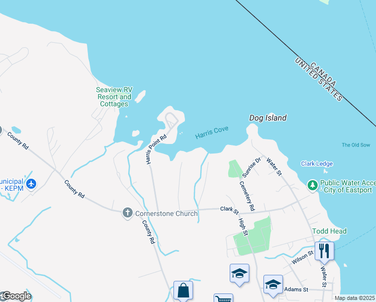 map of restaurants, bars, coffee shops, grocery stores, and more near 14 Brewster Road in Eastport
