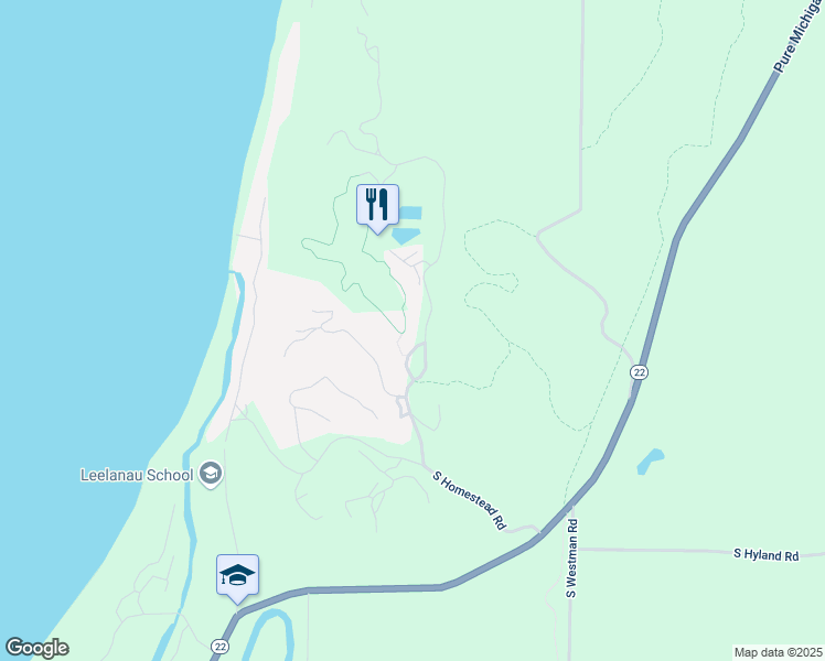 map of restaurants, bars, coffee shops, grocery stores, and more near 4890-6998 Woodridge Rd in Leelanau