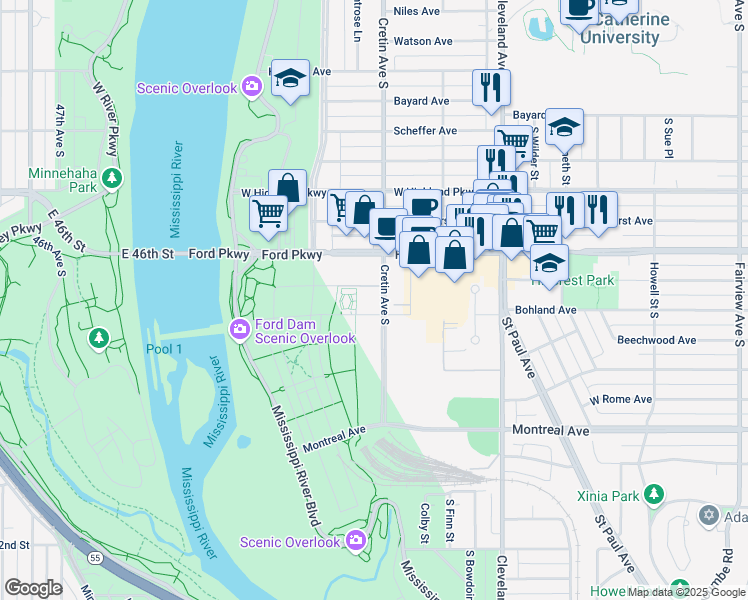 map of restaurants, bars, coffee shops, grocery stores, and more near 2178-2234 Ford Pkwy in St Paul