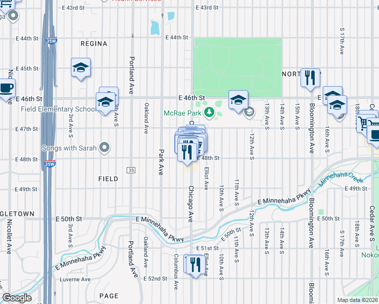 map of restaurants, bars, coffee shops, grocery stores, and more near 4748 Chicago Avenue South in Minneapolis