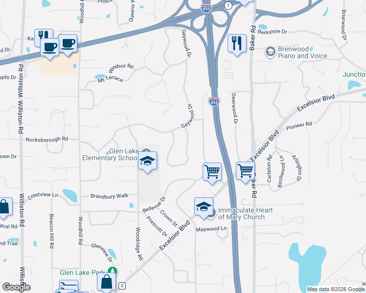 map of restaurants, bars, coffee shops, grocery stores, and more near 4743 Coventry Road East in Minnetonka