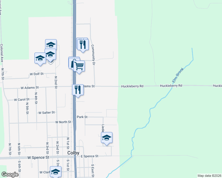 map of restaurants, bars, coffee shops, grocery stores, and more near 305 East Adams Street in Colby