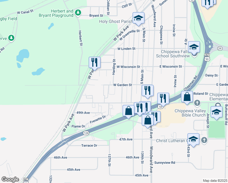 map of restaurants, bars, coffee shops, grocery stores, and more near 832 Wilson Street in Chippewa Falls