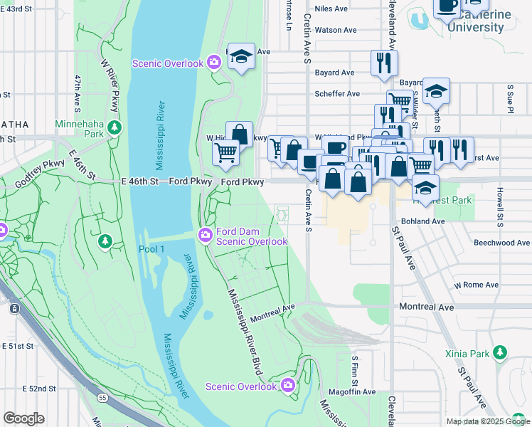 map of restaurants, bars, coffee shops, grocery stores, and more near S Mt Curve Blvd in St Paul