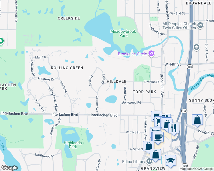 map of restaurants, bars, coffee shops, grocery stores, and more near 4 Spur Road in Minneapolis