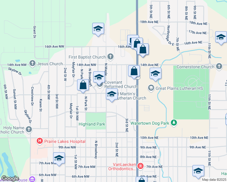 map of restaurants, bars, coffee shops, grocery stores, and more near 1101-1199 2nd Street Northeast in Watertown