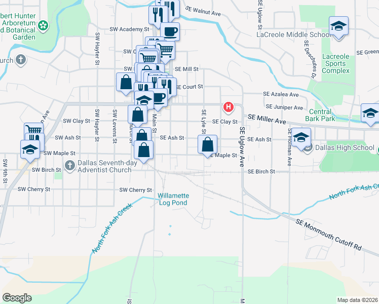 map of restaurants, bars, coffee shops, grocery stores, and more near 319 Southeast Maple Street in Dallas