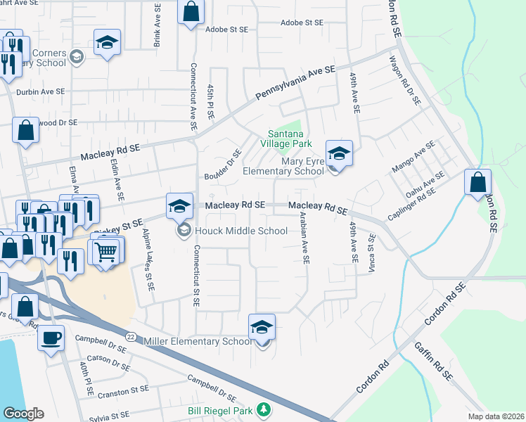 map of restaurants, bars, coffee shops, grocery stores, and more near 1029 Raffon Court Southeast in Salem