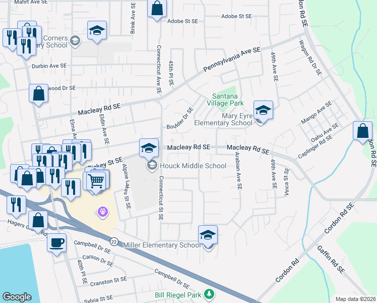 map of restaurants, bars, coffee shops, grocery stores, and more near 4595 Juliana Loop Southeast in Salem
