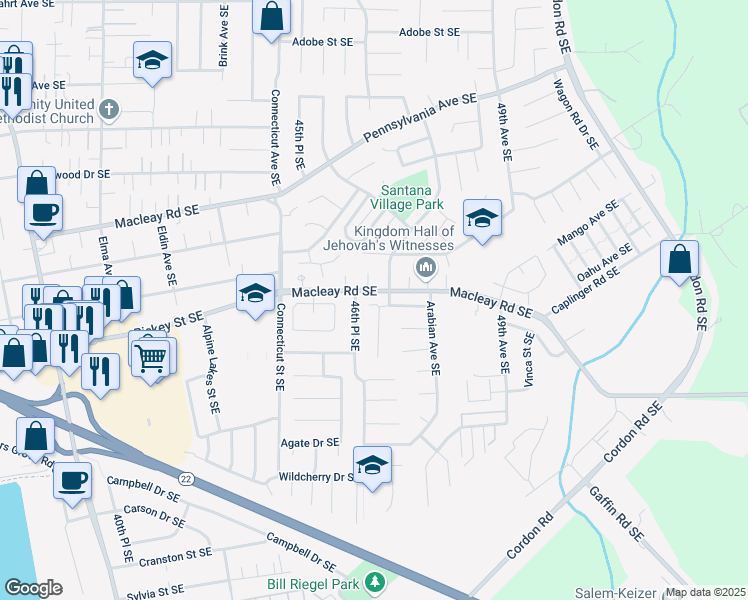 map of restaurants, bars, coffee shops, grocery stores, and more near 1144 46th Place Southeast in Salem