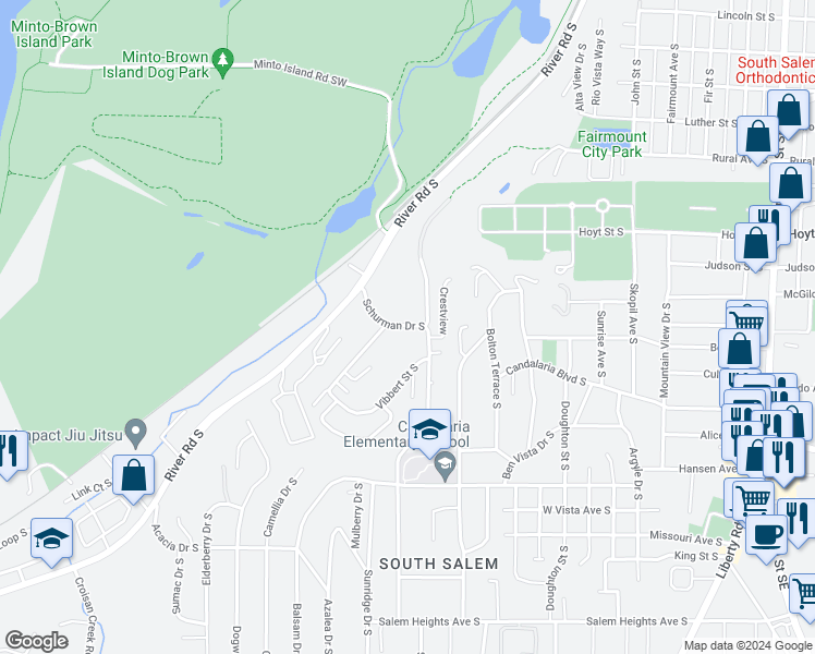 map of restaurants, bars, coffee shops, grocery stores, and more near 2626 Gilbert Street South in Salem
