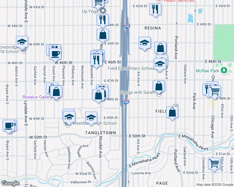 map of restaurants, bars, coffee shops, grocery stores, and more near 4741 East 48th Street in Minneapolis