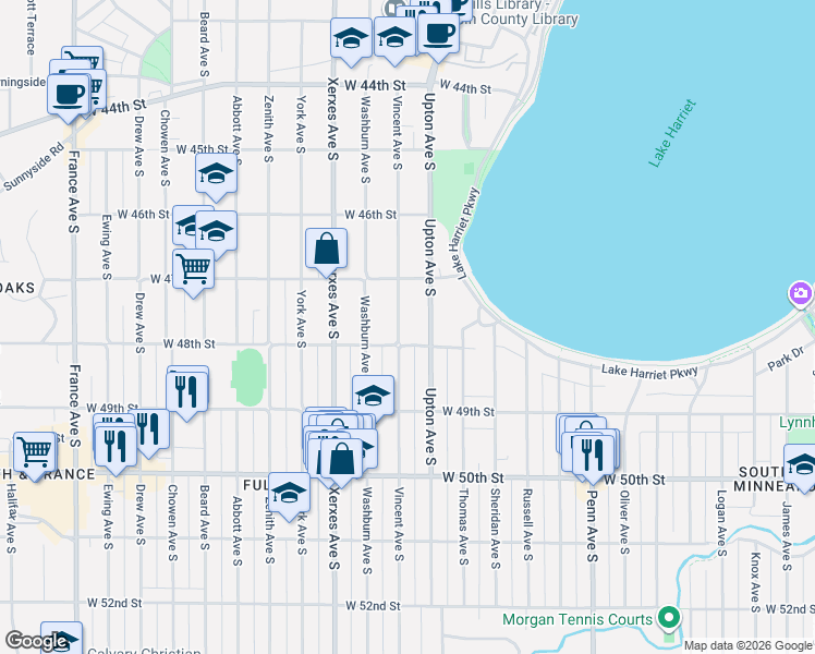 map of restaurants, bars, coffee shops, grocery stores, and more near 4800 Vincent Avenue South in Minneapolis