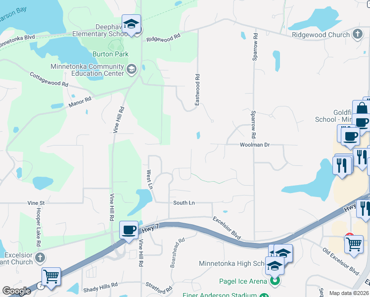 map of restaurants, bars, coffee shops, grocery stores, and more near 4824 Ridge Road in Minnetonka