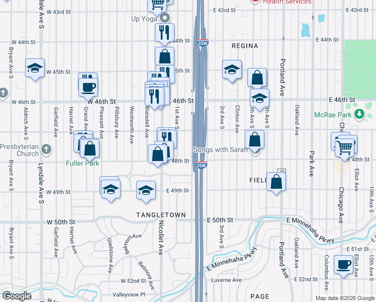 map of restaurants, bars, coffee shops, grocery stores, and more near 4741 East 48th Street in Minneapolis