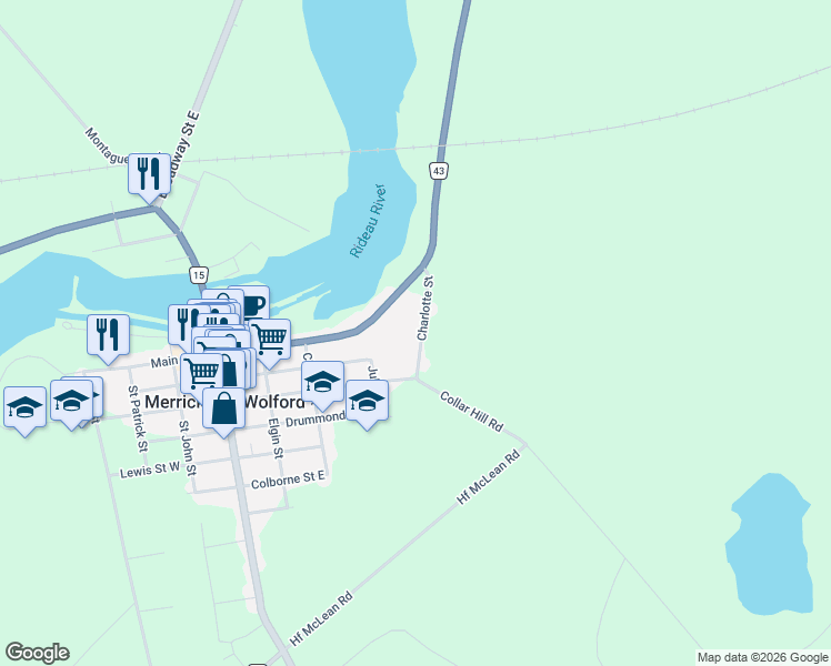 map of restaurants, bars, coffee shops, grocery stores, and more near 160 Charlotte Street in Merrickville-Wolford