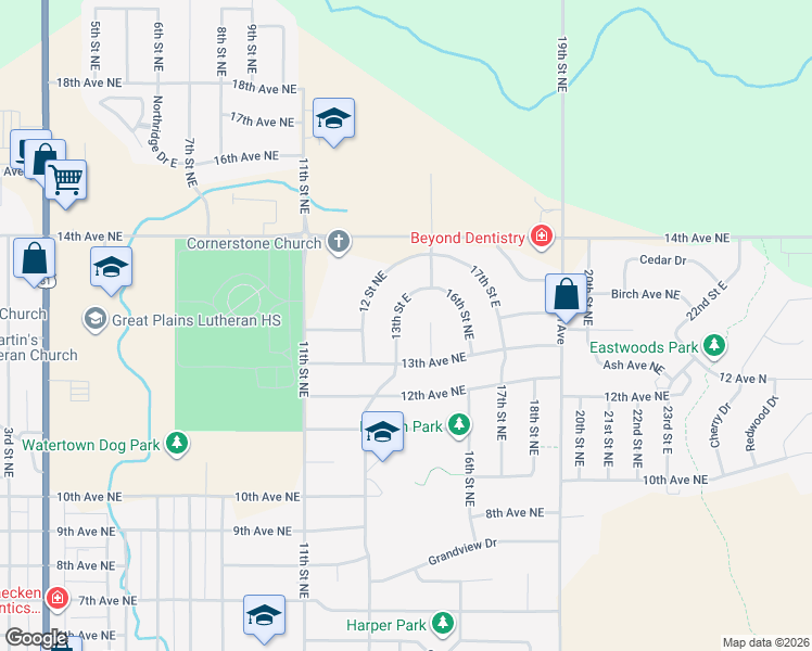 map of restaurants, bars, coffee shops, grocery stores, and more near 1307 15th Street Circle in Watertown