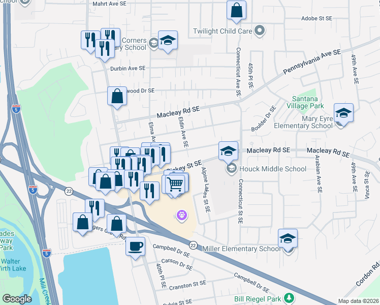 map of restaurants, bars, coffee shops, grocery stores, and more near 4326 Munkers Street Southeast in Salem