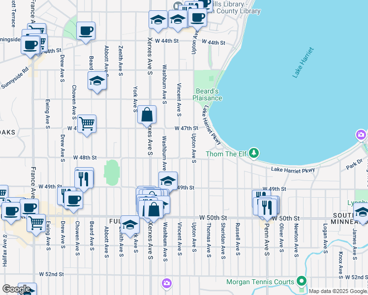map of restaurants, bars, coffee shops, grocery stores, and more near 4800 Vincent Avenue South in Minneapolis