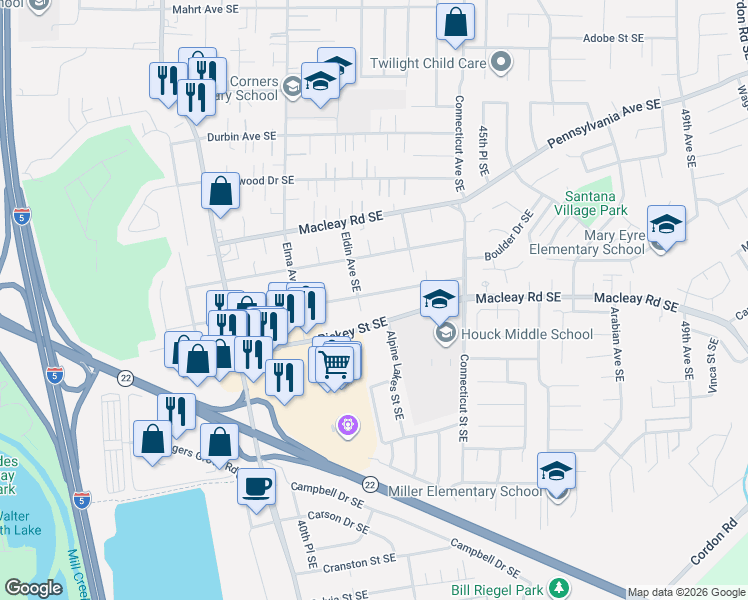 map of restaurants, bars, coffee shops, grocery stores, and more near 4326 Munkers Street Southeast in Salem