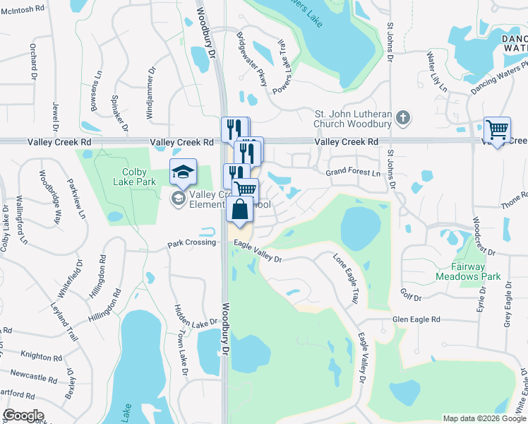 map of restaurants, bars, coffee shops, grocery stores, and more near 2111 Eagle Trace Lane in Woodbury