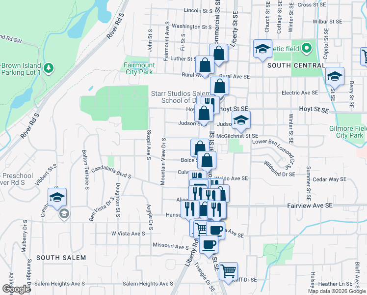map of restaurants, bars, coffee shops, grocery stores, and more near 225 Sonora Way South in Salem