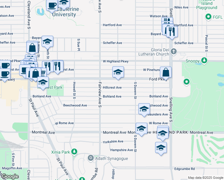 map of restaurants, bars, coffee shops, grocery stores, and more near 1781 Hillcrest Avenue in Saint Paul