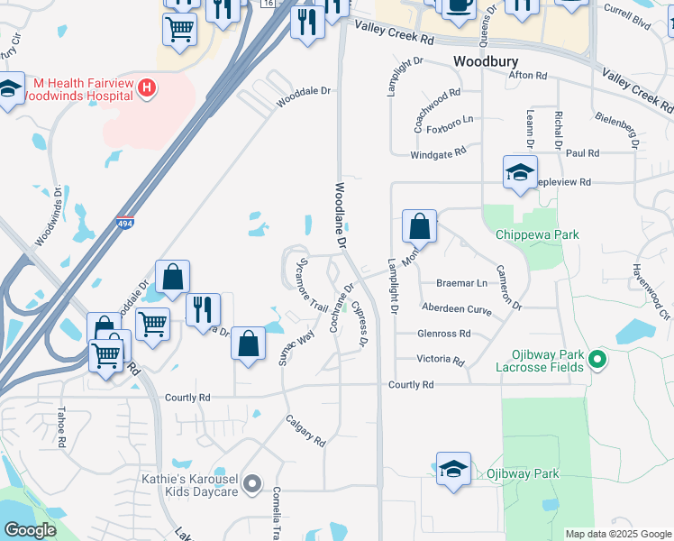 map of restaurants, bars, coffee shops, grocery stores, and more near 2164 Sycamore Trail in Woodbury