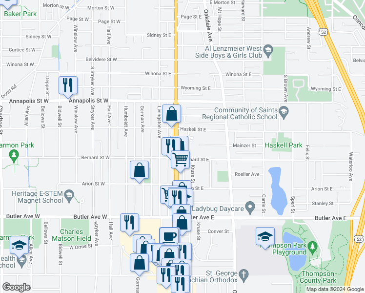 map of restaurants, bars, coffee shops, grocery stores, and more near 140 Haskell Street East in Saint Paul
