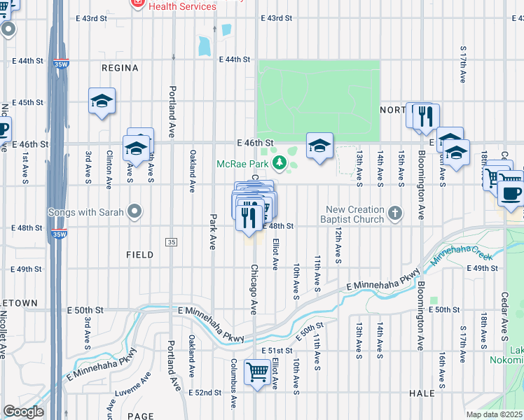 map of restaurants, bars, coffee shops, grocery stores, and more near 4709 Chicago Avenue in Minneapolis