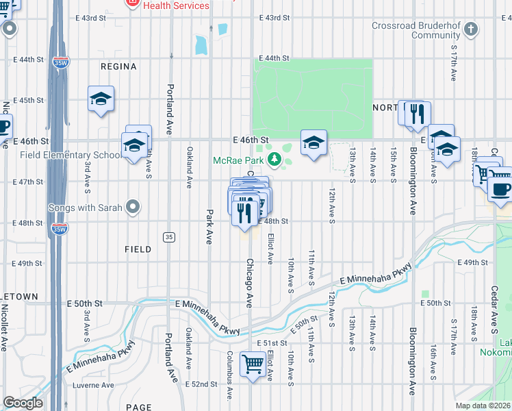 map of restaurants, bars, coffee shops, grocery stores, and more near 4709 Chicago Avenue in Minneapolis