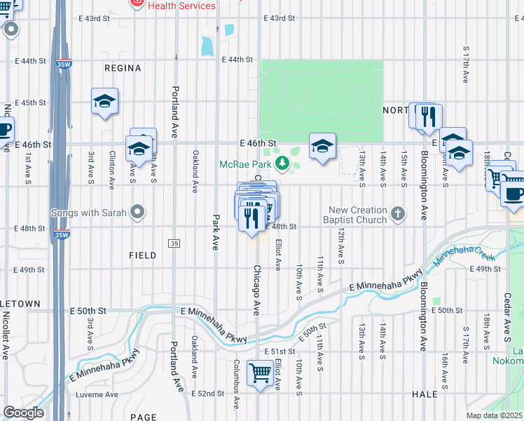 map of restaurants, bars, coffee shops, grocery stores, and more near 4709 Chicago Avenue in Minneapolis