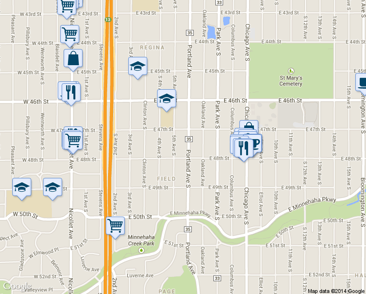 map of restaurants, bars, coffee shops, grocery stores, and more near 4715 South 5th Avenue in Minneapolis