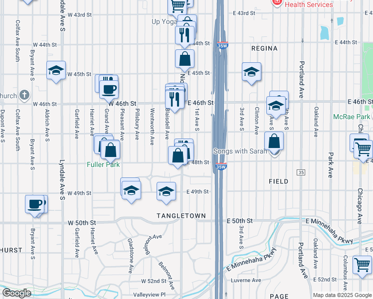 map of restaurants, bars, coffee shops, grocery stores, and more near 4711 Nicollet Avenue in Minneapolis