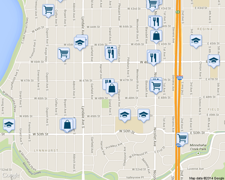 map of restaurants, bars, coffee shops, grocery stores, and more near 4704 Pleasant Avenue in Minneapolis