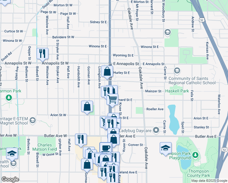 map of restaurants, bars, coffee shops, grocery stores, and more near 140 Haskell Street East in Saint Paul