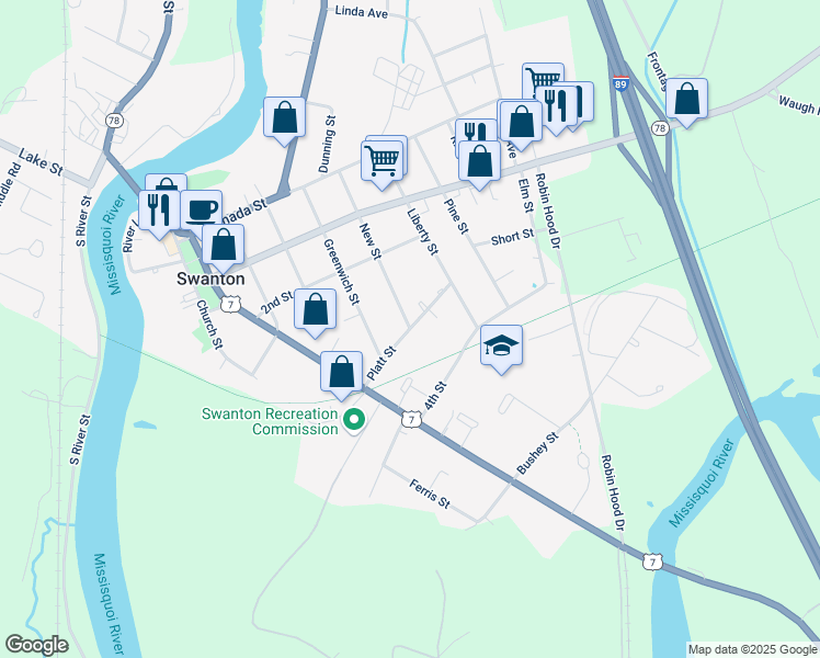 map of restaurants, bars, coffee shops, grocery stores, and more near Platt Street in Swanton